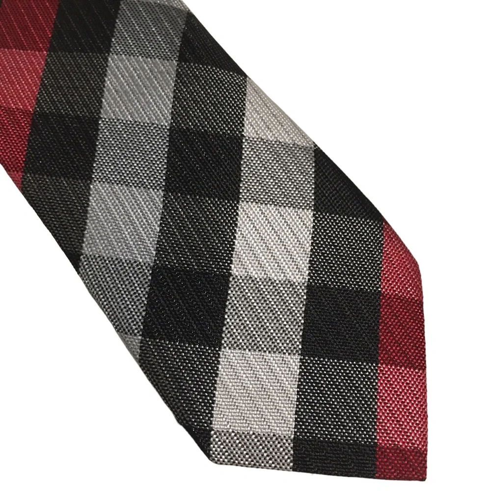 Plaid Clip on Tie Black Red White 15” Long EUC